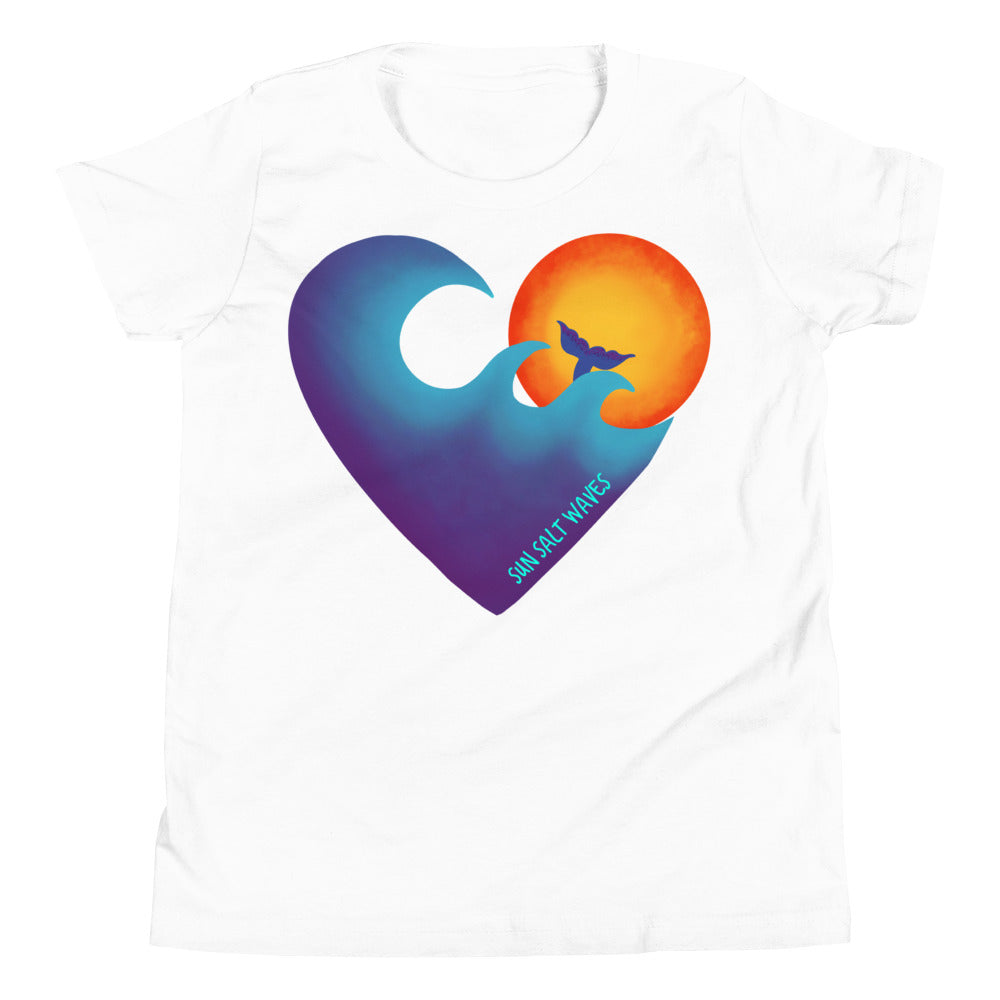 Chase the Sun Youth Tee from Sun Salt Waves hand designed, heart shaped wave, sun and mermaid White