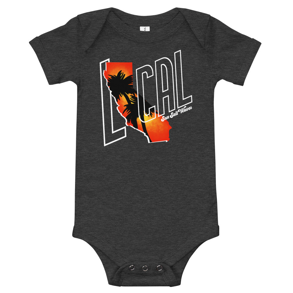 Cali ‘Local’ Onesie from Sun Salt Waves Cali Shaped Sunset Silhouette with Palms Silhouettes Heather Charcoal Baby Infants 