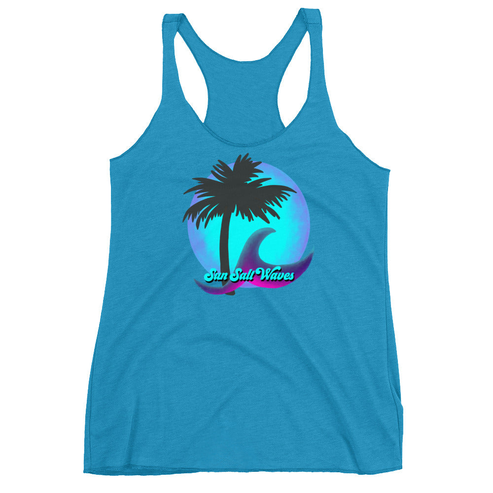 Night Moon Racerback Tank Palm Silhouette and Wave Women Junior Turquoise