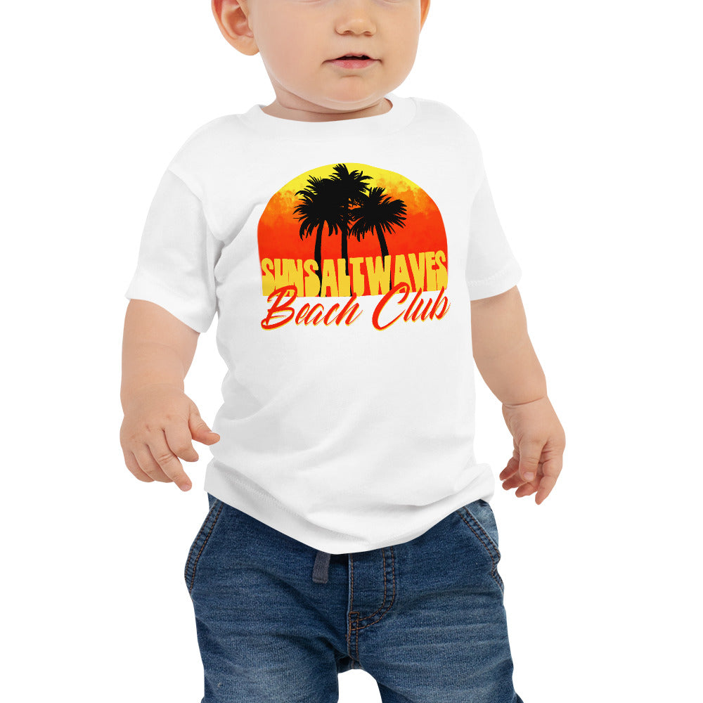 A baby wears a Sunset Beach Club Baby Tee from Sun Salt Waves, Sunset and Palm Tree Graphic on a White Short Sleeve T-Shirt, Baby, Infant, Toddlers Boys Girls Unisex