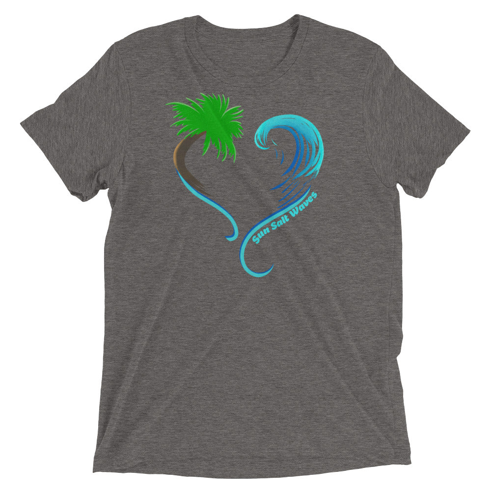 Rising Tides Tee Graphic Heart Shaped Palm and Multicolor Wave Unisex Sun Salt Waves Heather Dark Gray