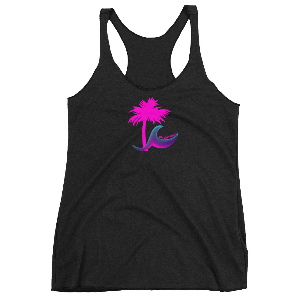 Paradise Palm Racerback Tank Hot Pink Palm and Multicolored Wave Black