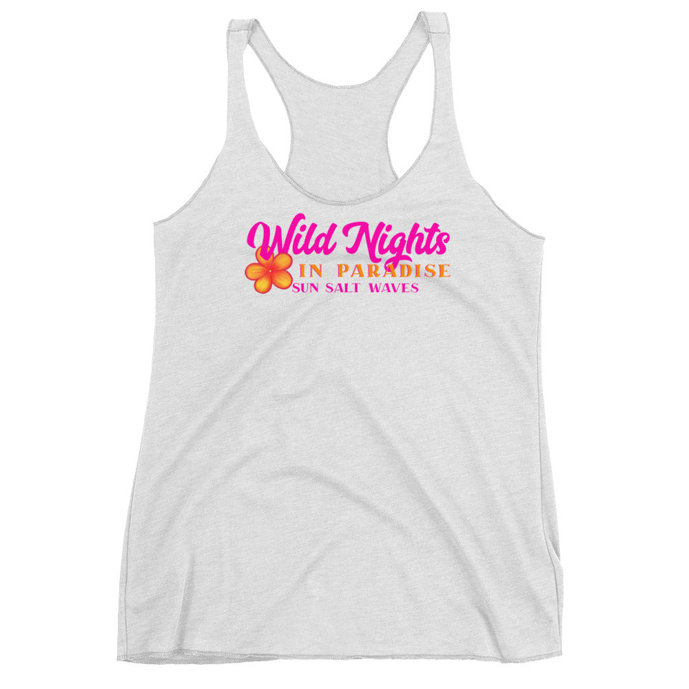 Wild Nights in Paradise Racerback Tank from Sun Salt Waves Colorful Plumeria and Typography White