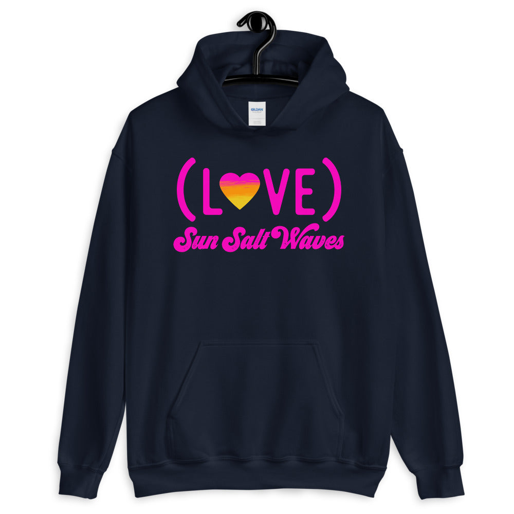 Sun Salt Waves Love White Hoodie Unisex Men’s Women’s Graphic Love Life With Heart in Sunset Colors Navy
