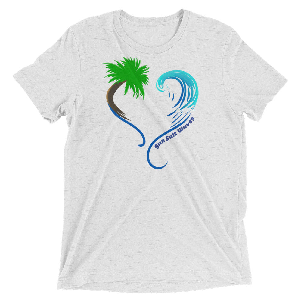 Rising Tides Tee Graphic Heart Shaped Palm and Multicolor Wave Unisex Sun Salt Waves Heather White