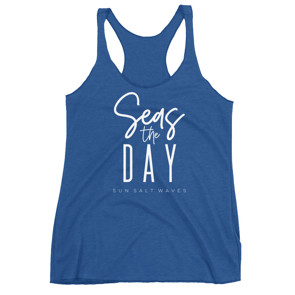 Seas the Day Racerback Tank Graphic Tank Seize the Day Women’s Junior’s Sun Salt Waves Royal Blue