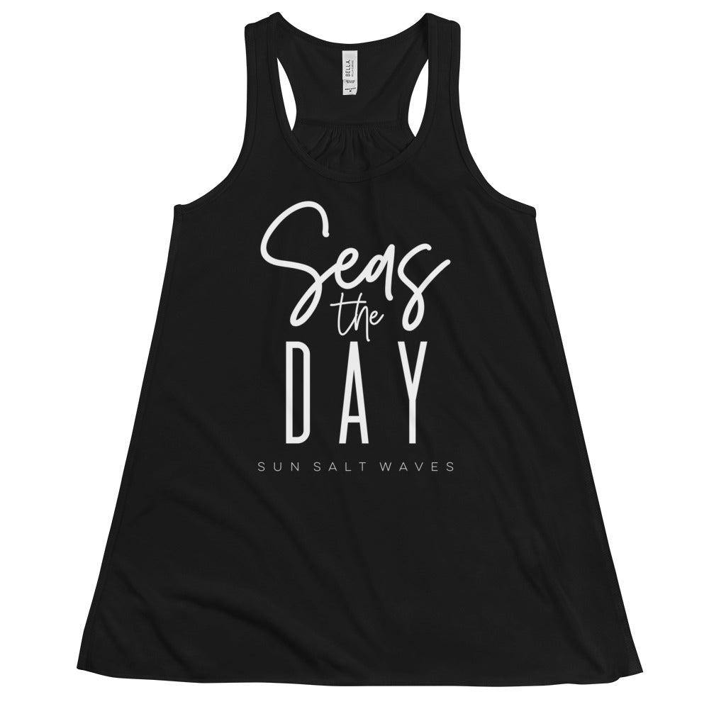 Seas the Day Flowy Racerback Tank Graphic Tank Seize the Day Women’s Junior’s Sun Salt Waves Black