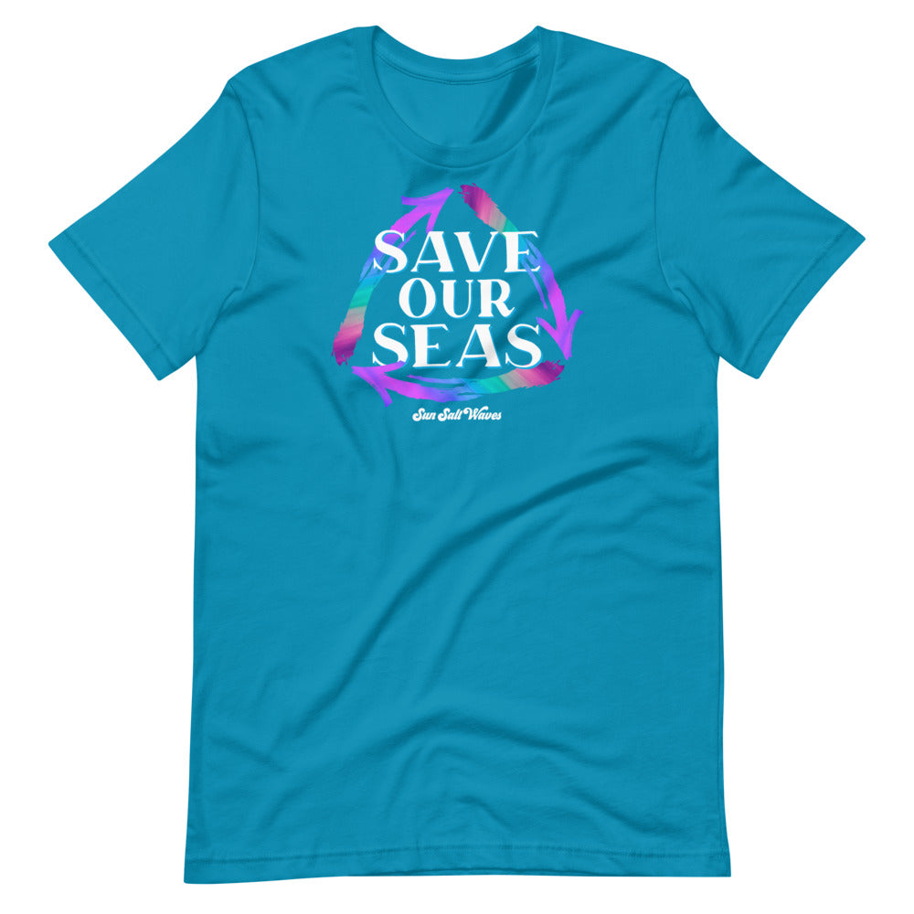 Save our Seas Tee from Sun Salt Waves Colorful Recycle Arrows Aqua
