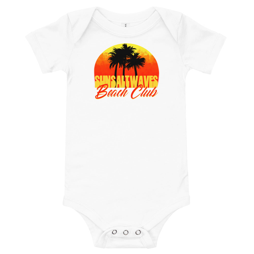 Beach Club Infant Baby Toddler Onesie Short Sleeve White 100% Cotton Sunset and Palm Trees by Sun Salt Waves