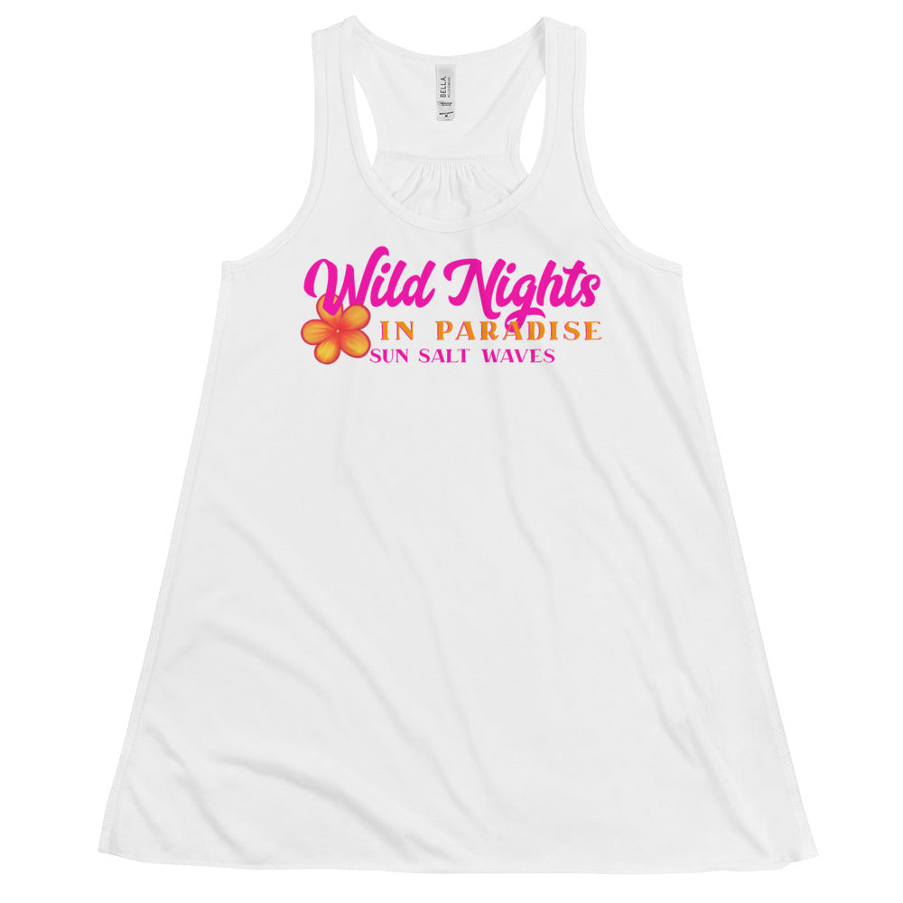 Wild Nights in Paradise Flowy Racerback Tank from Sun Salt Waves Colorful Typography and Plumeria White