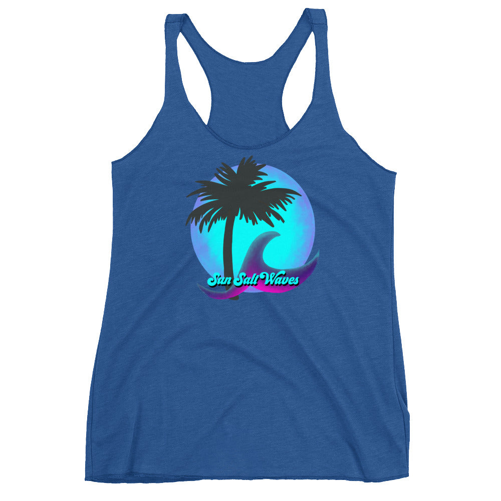 Night Moon Racerback Tank Palm Silhouette and Wave Women Junior Royal Blue
