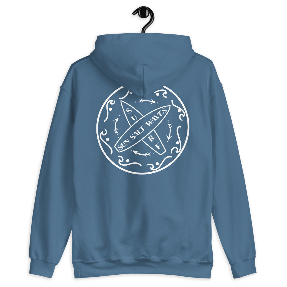 Surf School Hoodie from Sun Salt Waves Front and Back Print Indigo Blue