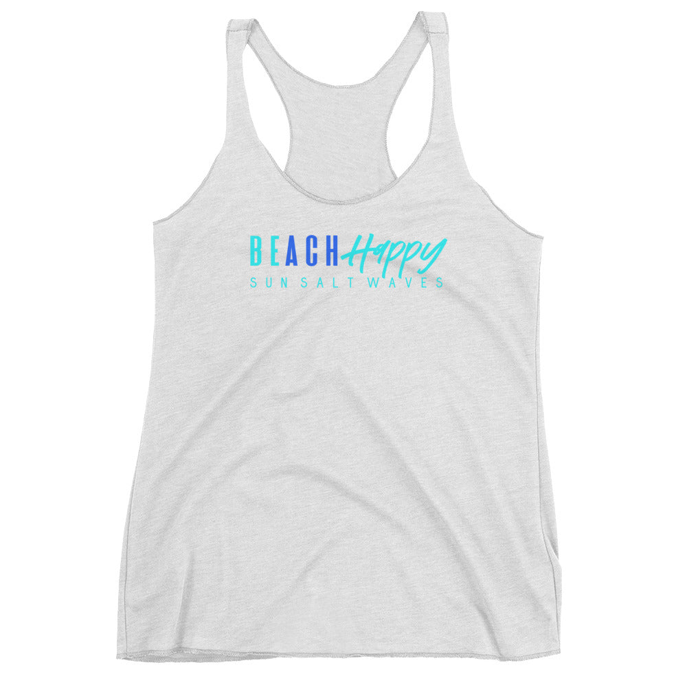 Be Happy Racerback Tank Beach Happy Sun Salt Waves Women Junior Athleisure White