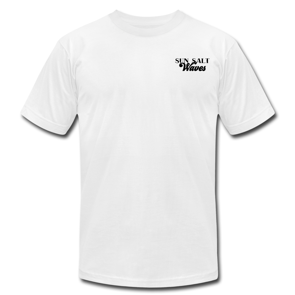 Surf School Tee - white hand-designed, surf badge on the back and Sun Salt Waves on the front