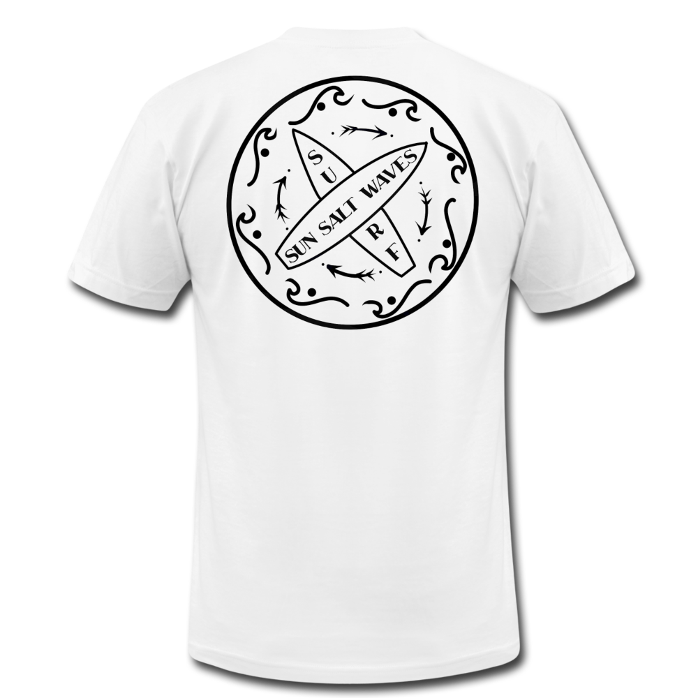Surf School Tee - white hand-designed, surf badge on the back and Sun Salt Waves on the front