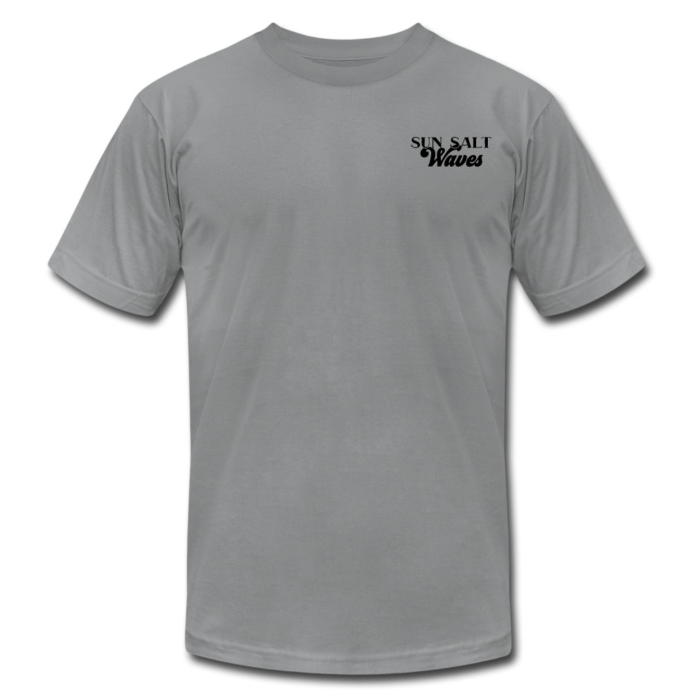 Surf School Tee - slate hand-designed, surf badge on the back and Sun Salt Waves on the front