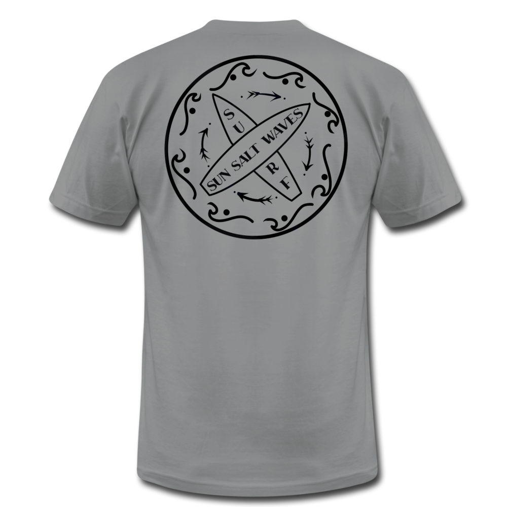 Surf School Tee - slate hand-designed, surf badge on the back and Sun Salt Waves on the front