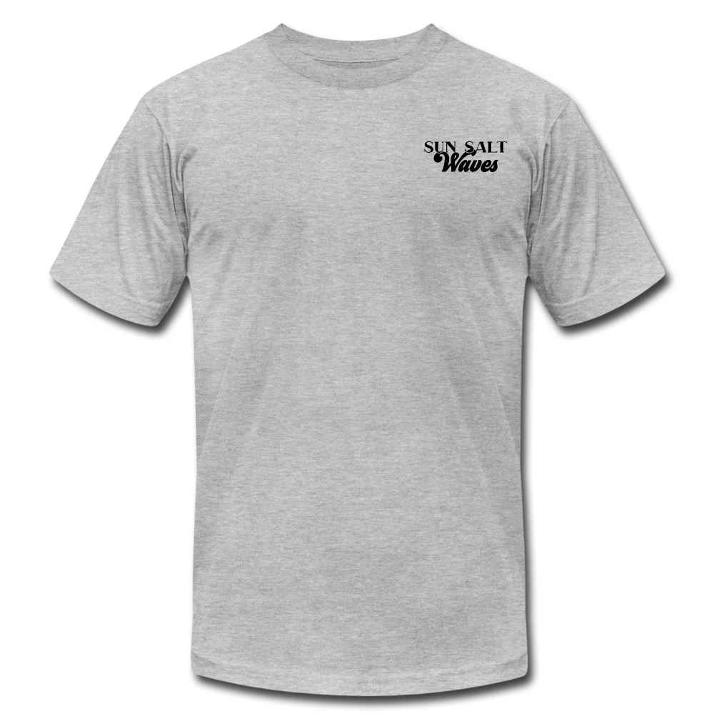Surf School Tee - heather gray hand-designed, surf badge on the back and Sun Salt Waves on the front