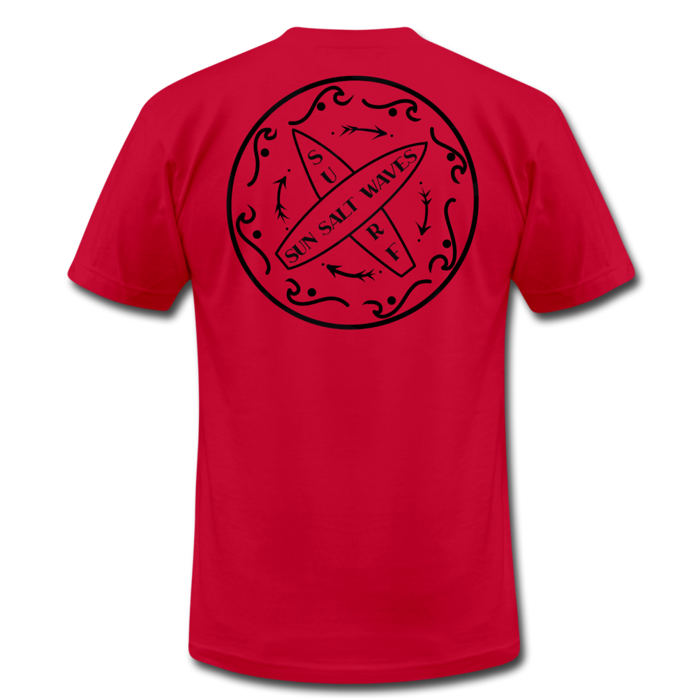 Surf School Tee - red hand-designed, surf badge on the back and Sun Salt Waves on the front
